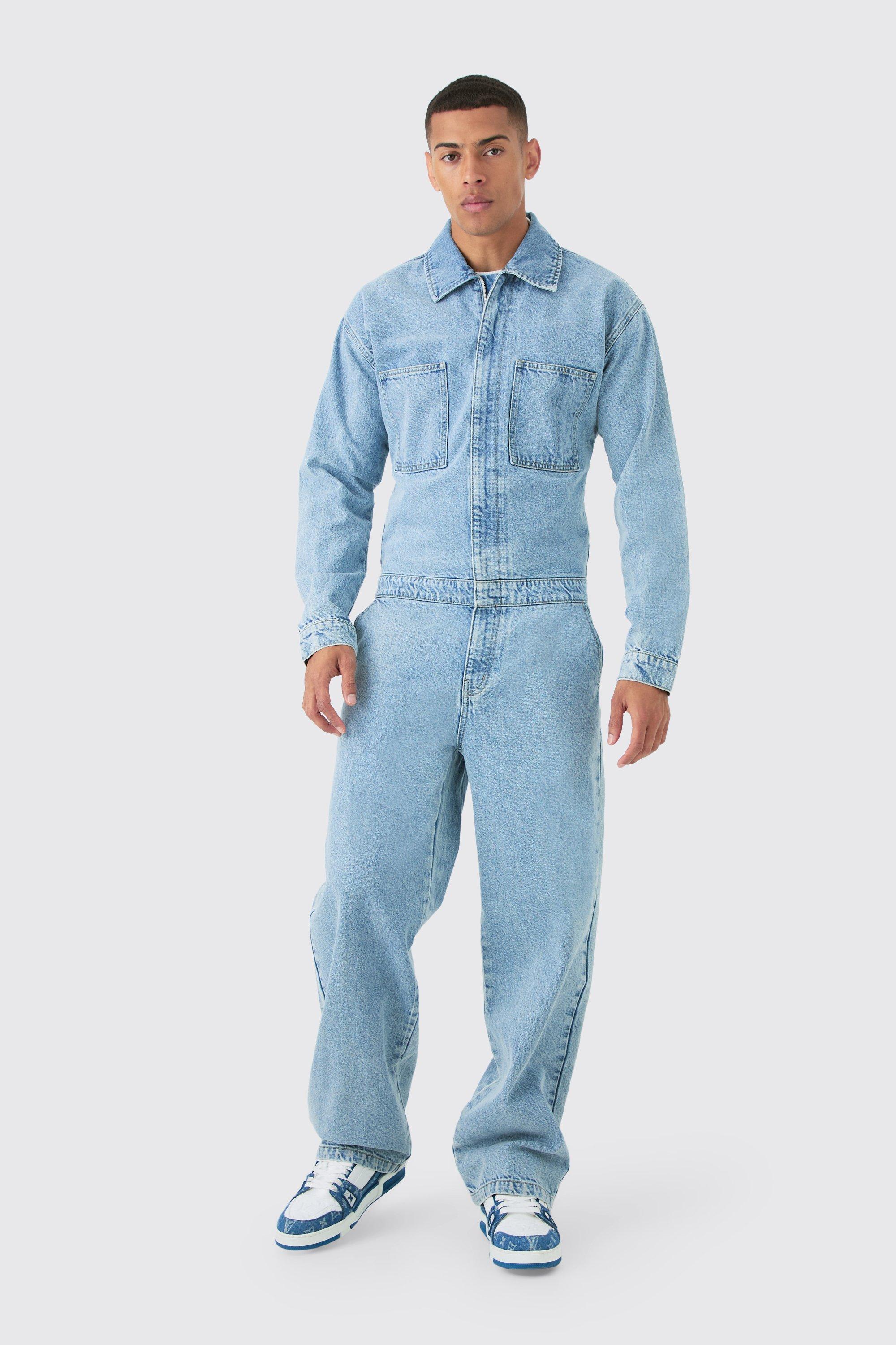 Mid Blue Slim Fit Patchwork Denim Overalls boohooMAN USA